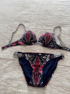 Aqua Navy, Pink & White Patterned Push-Up Bikini